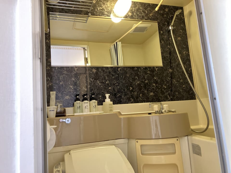 Combined shower/tub, free toiletries, hair dryer, slippers