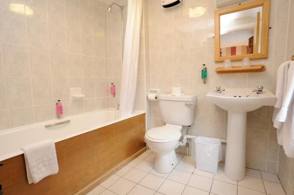 Combined shower/tub, free toiletries, hair dryer, towels