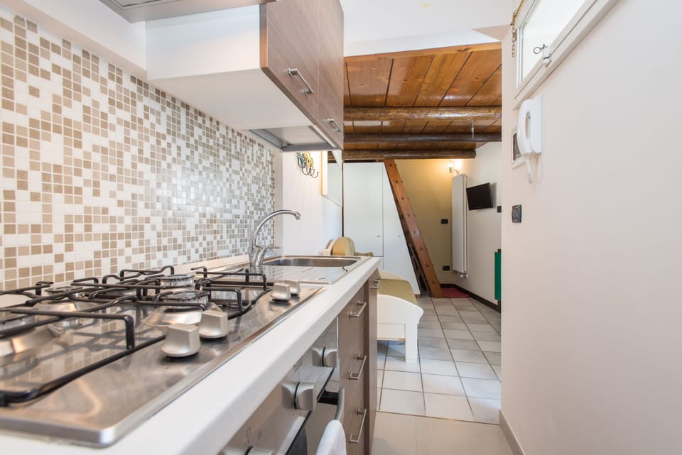Cozy Panoramic Studio with Loft Bed, Rooftop | Private kitchen | Full-size fridge, oven, stovetop, cookware/dishes/utensils