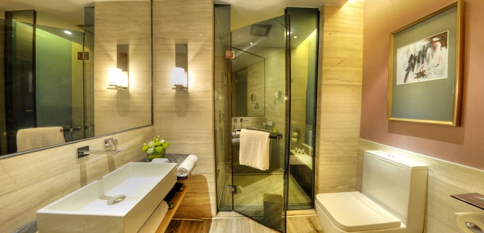 Rainfall showerhead, eco-friendly toiletries, hair dryer, bathrobes