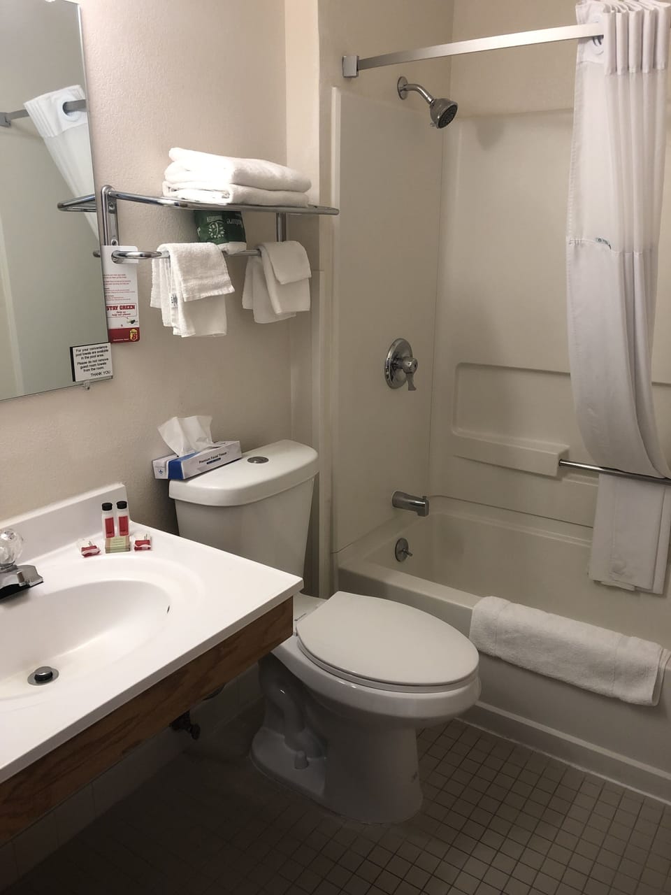 Combined shower/tub, free toiletries, hair dryer, towels