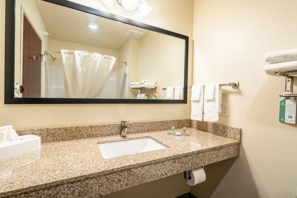 Combined shower/tub, free toiletries, hair dryer, towels