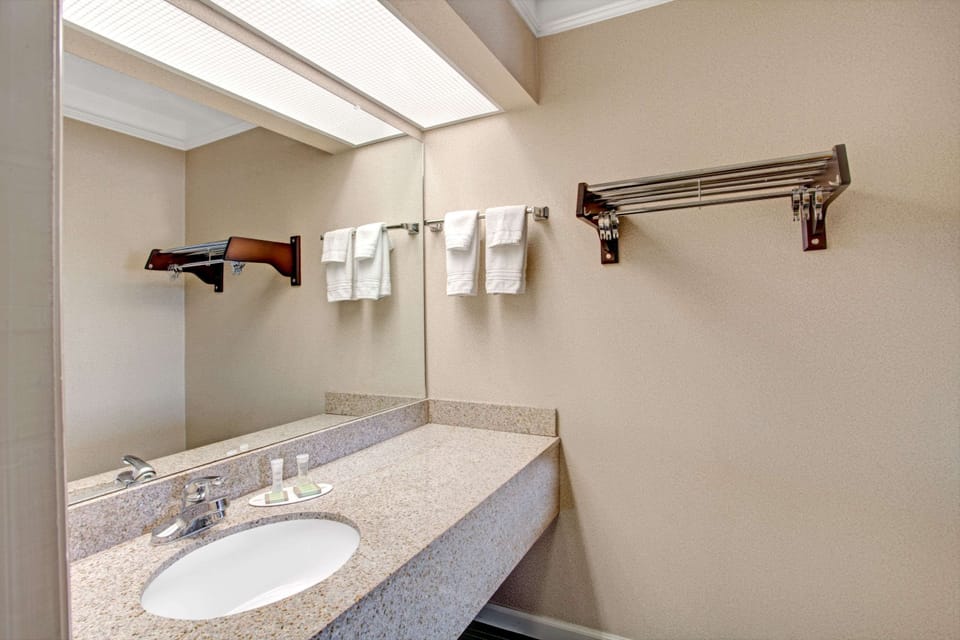 Combined shower/tub, free toiletries, hair dryer, towels