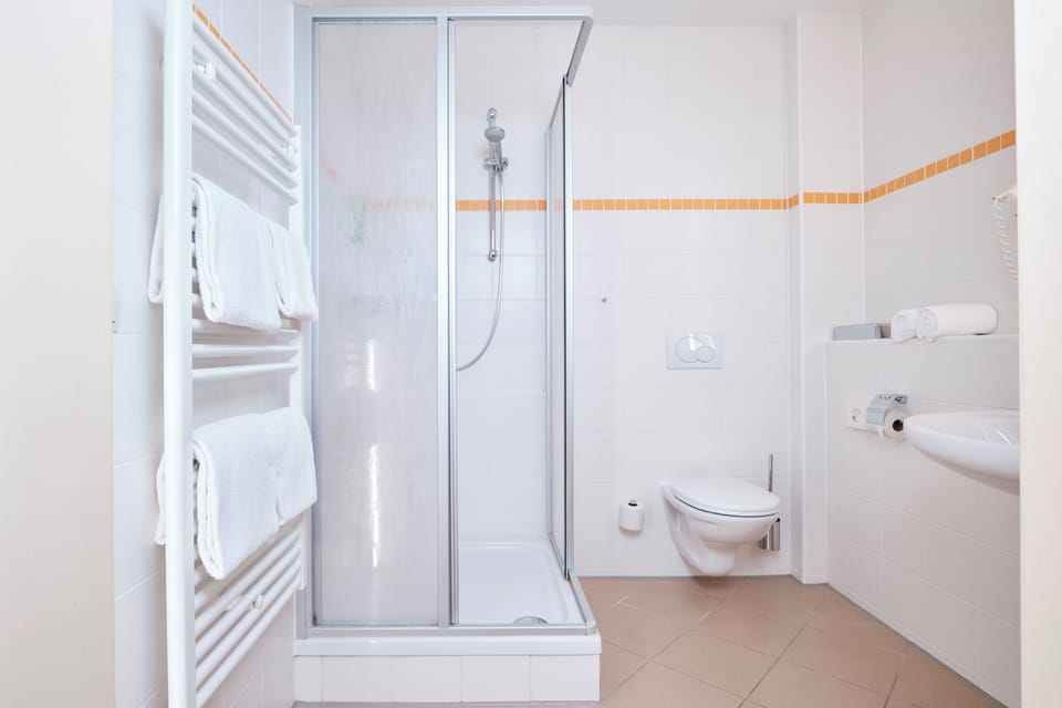 Shower, free toiletries, hair dryer, towels