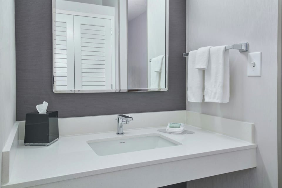 Combined shower/tub, free toiletries, hair dryer, towels