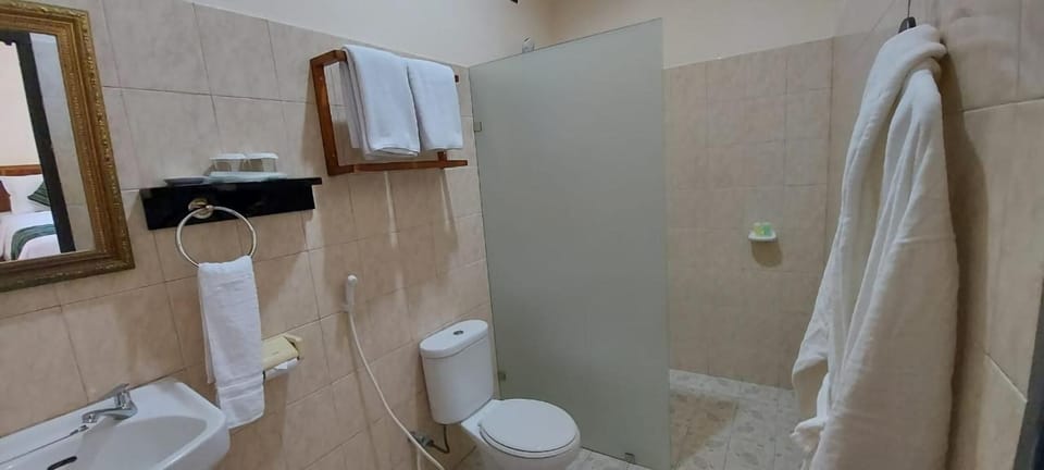 Shower, bathrobes, slippers, towels