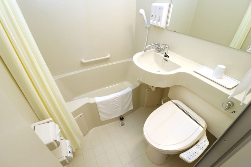 Combined shower/tub, free toiletries, hair dryer, slippers
