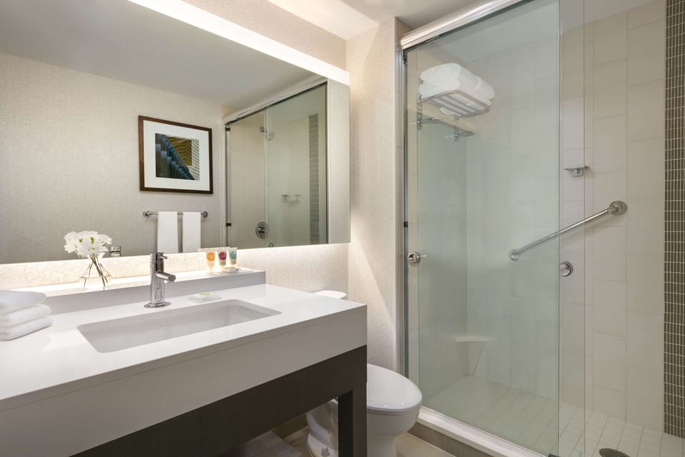 Designer toiletries, hair dryer, towels