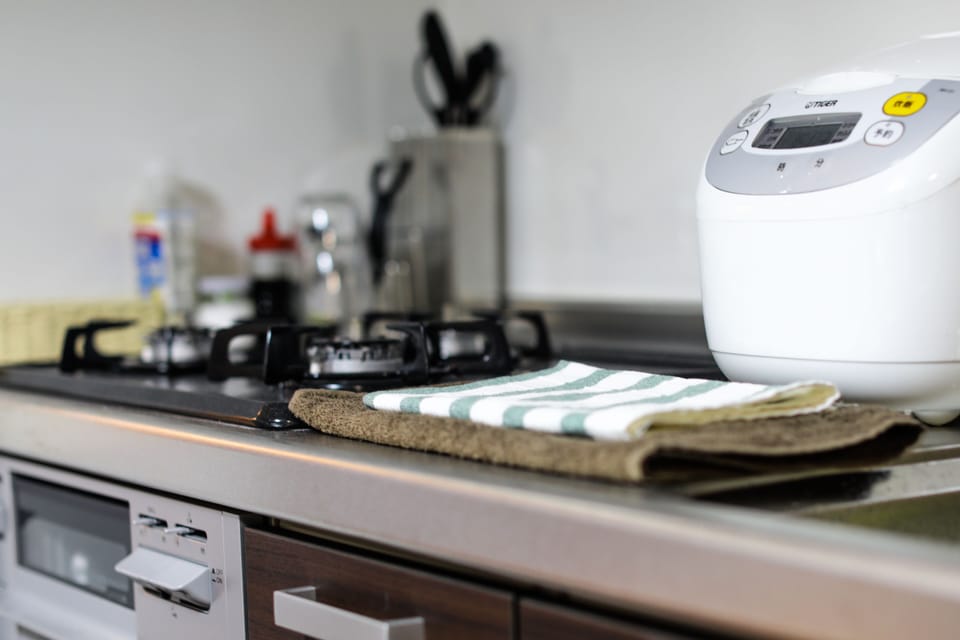 Fridge, microwave, stovetop, electric kettle