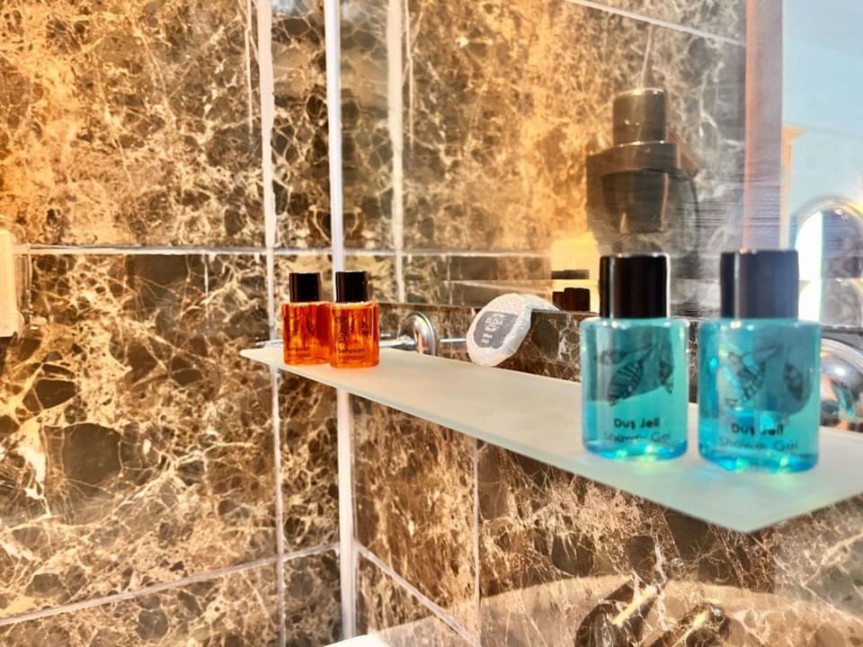 Shower, hydromassage showerhead, free toiletries, hair dryer
