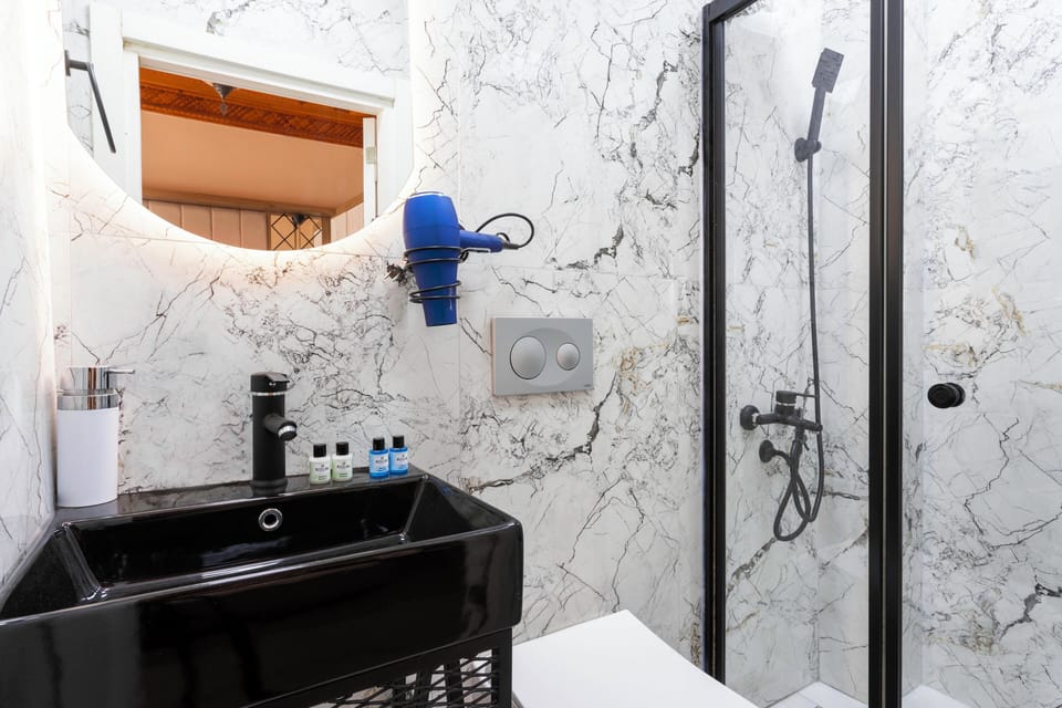 Shower, rainfall showerhead, hair dryer, slippers