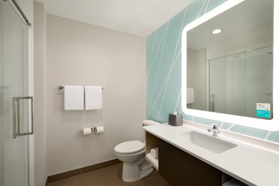 Shower, designer toiletries, hair dryer, towels