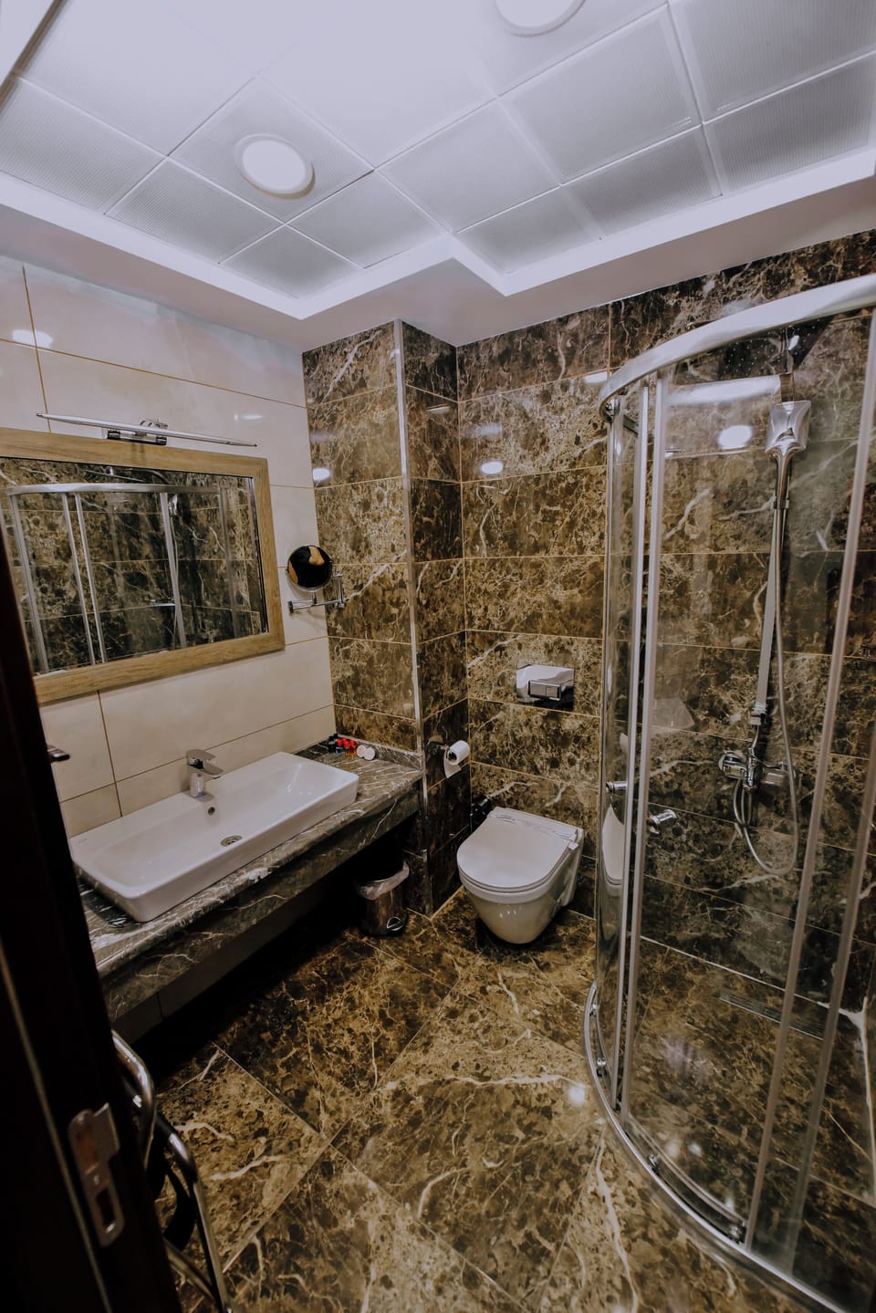 Hair dryer, slippers, towels, soap
