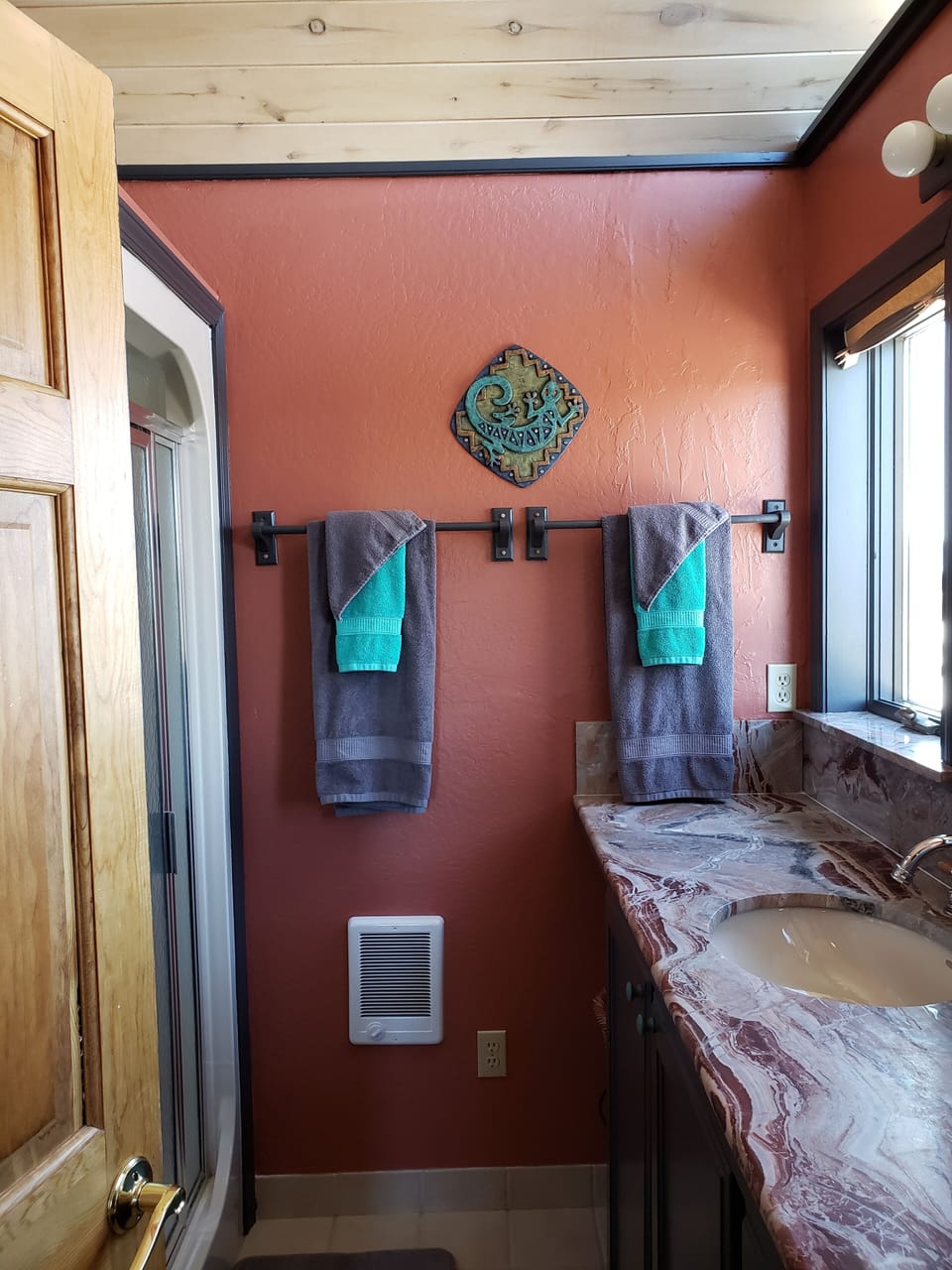 Hair dryer, towels, soap, shampoo