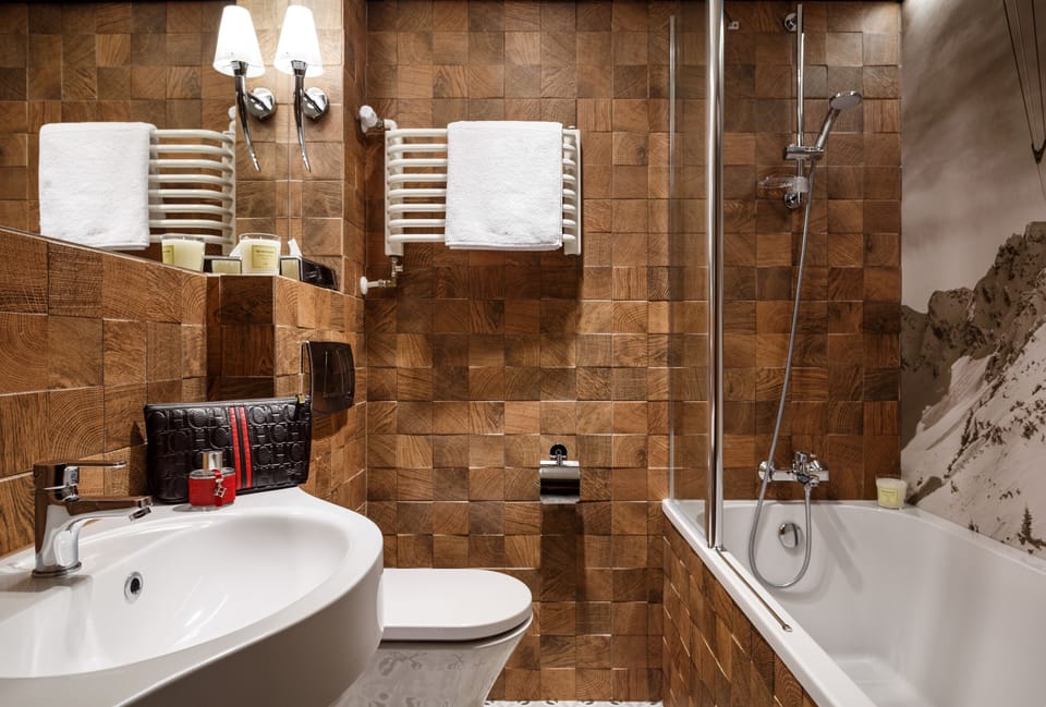 Combined shower/tub, free toiletries, hair dryer, bathrobes