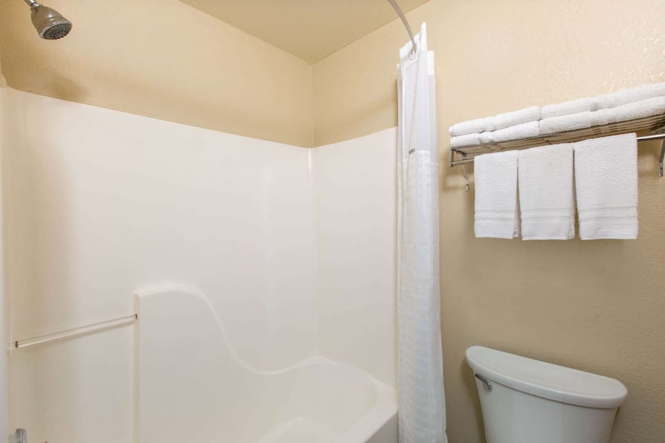 Hair dryer, towels, soap, shampoo