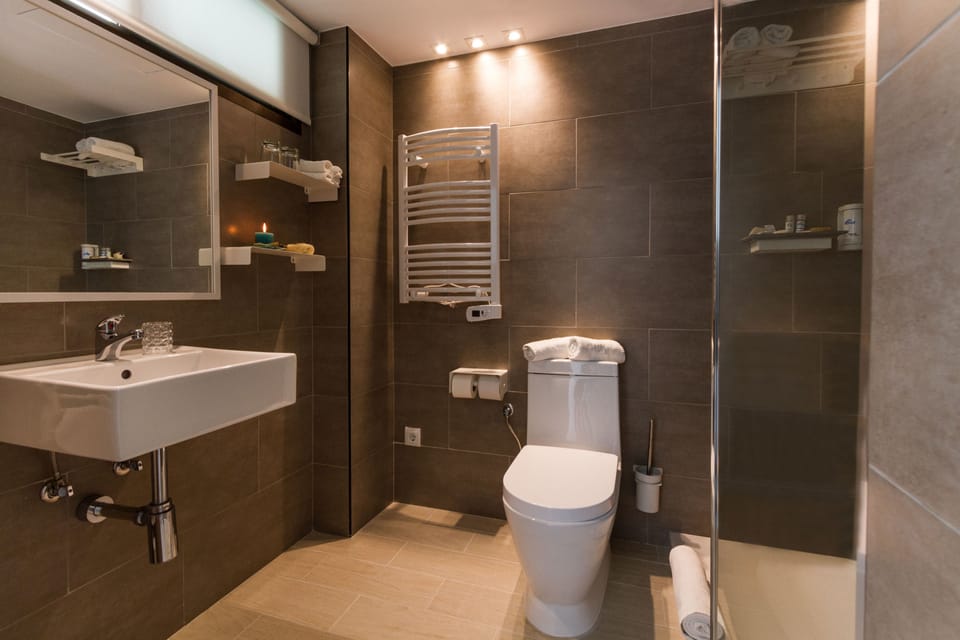 Shower, designer toiletries, bidet, towels