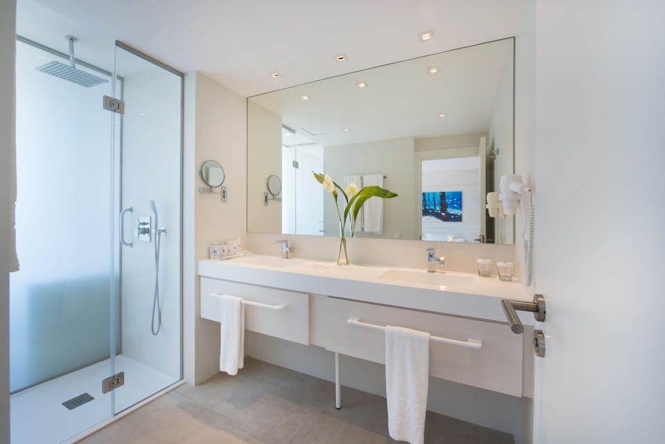 Shower, eco-friendly toiletries, hair dryer, towels