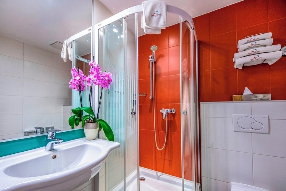 Hair dryer, bathrobes, slippers, towels