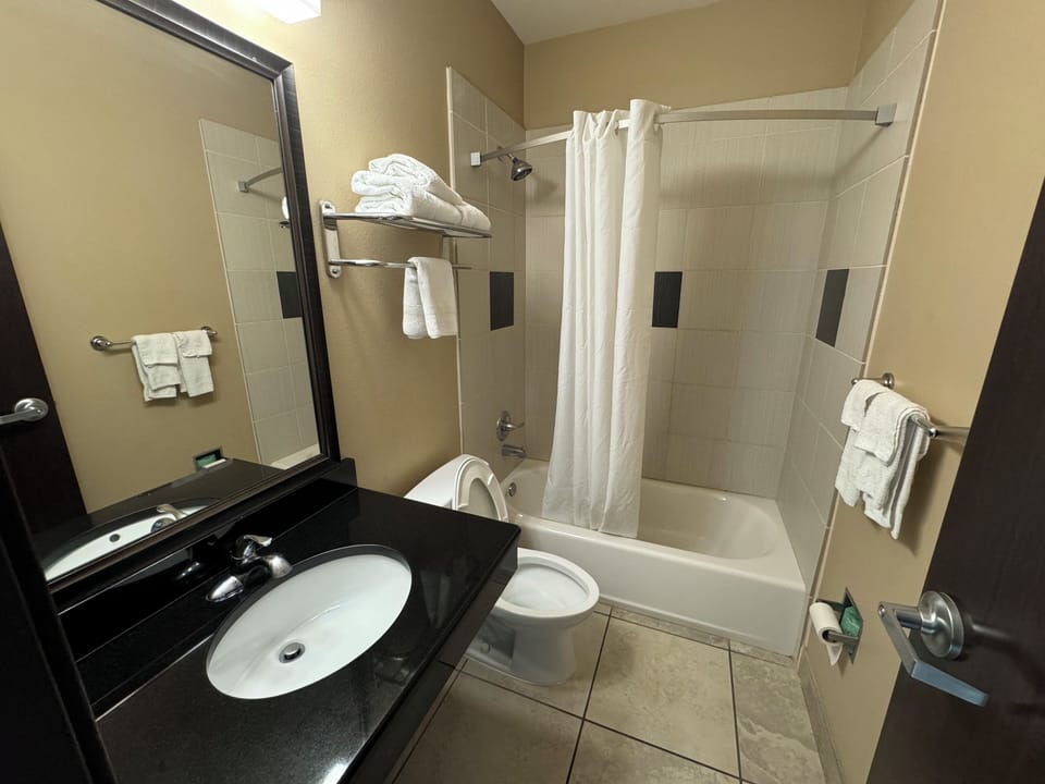 Combined shower/tub, free toiletries, hair dryer, towels