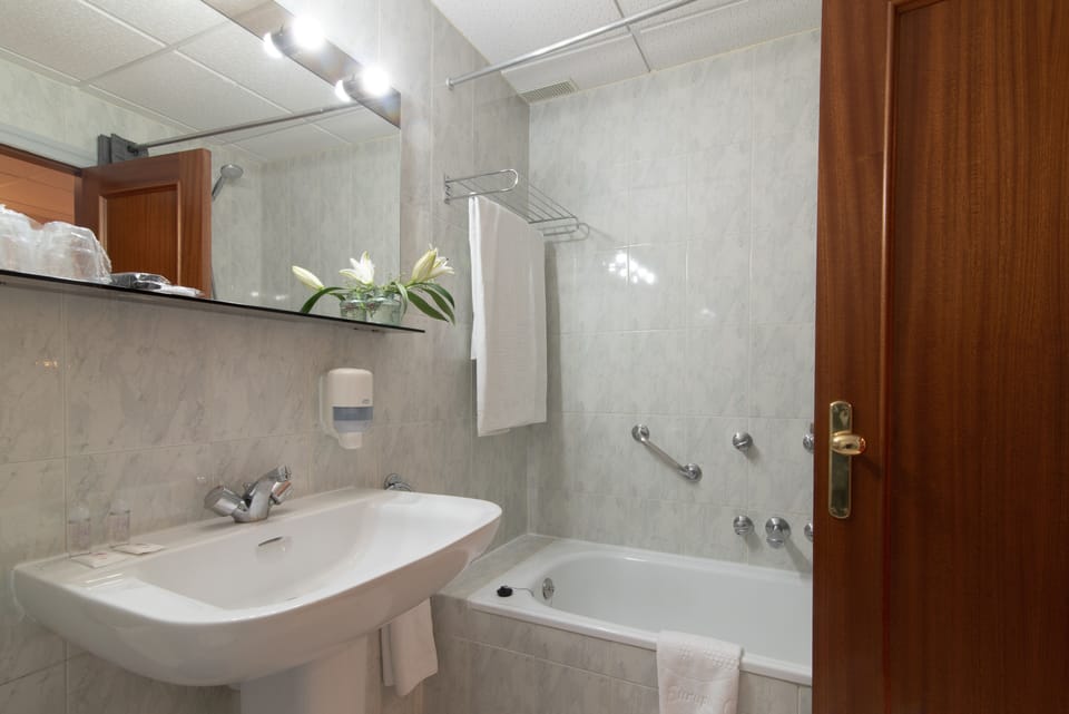 Combined shower/tub, free toiletries, hair dryer, bidet