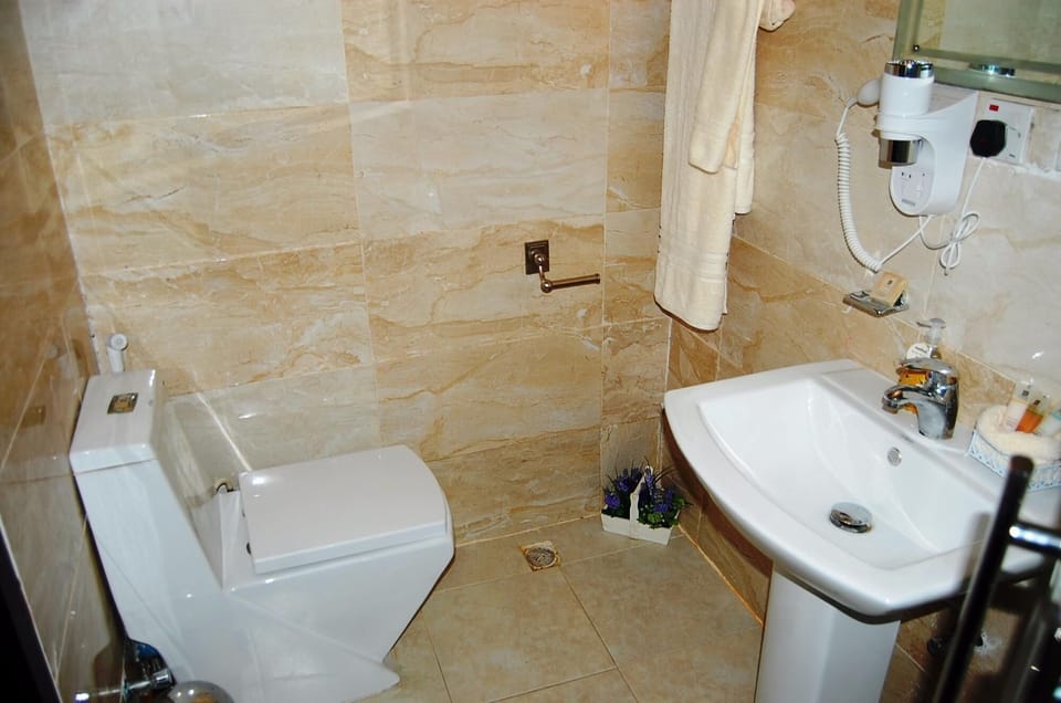 Shower, towels, soap, shampoo