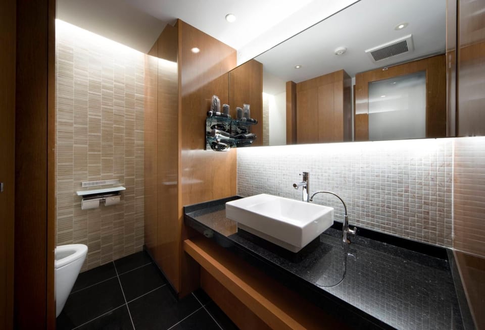 Separate tub and shower, jetted tub, free toiletries, hair dryer