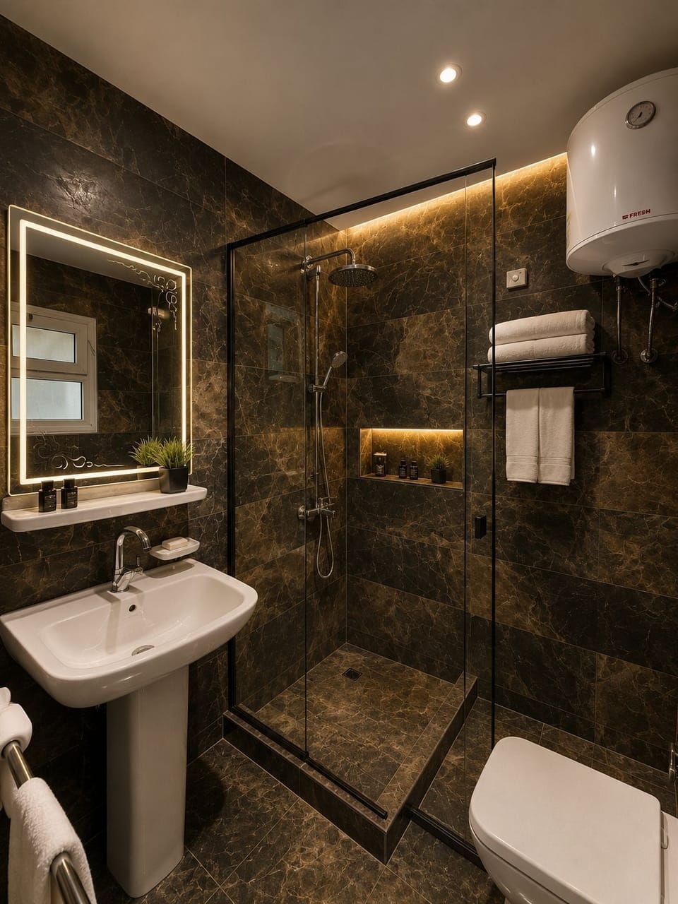 Shower, free toiletries, hair dryer, bathrobes