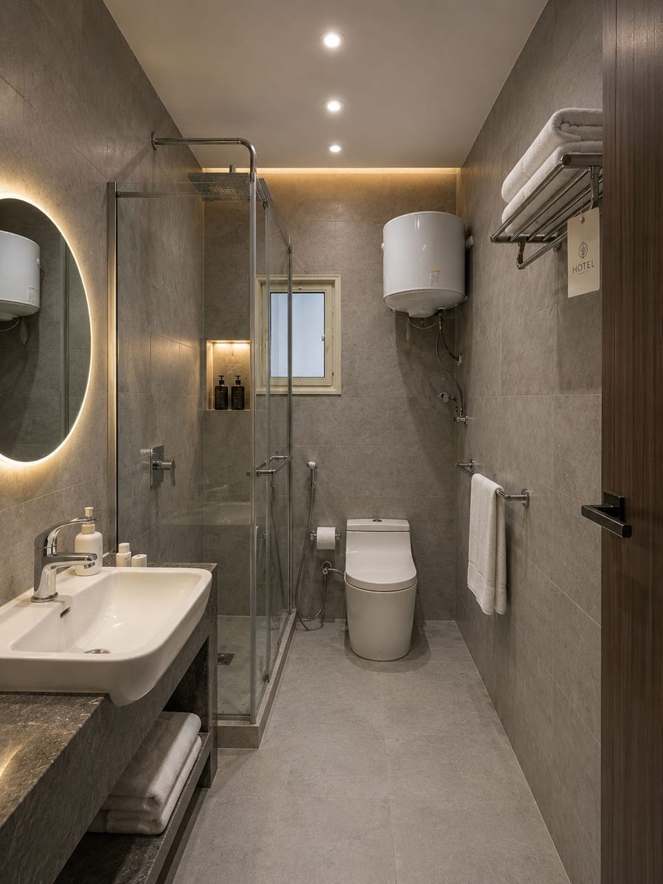 Shower, free toiletries, hair dryer, bathrobes