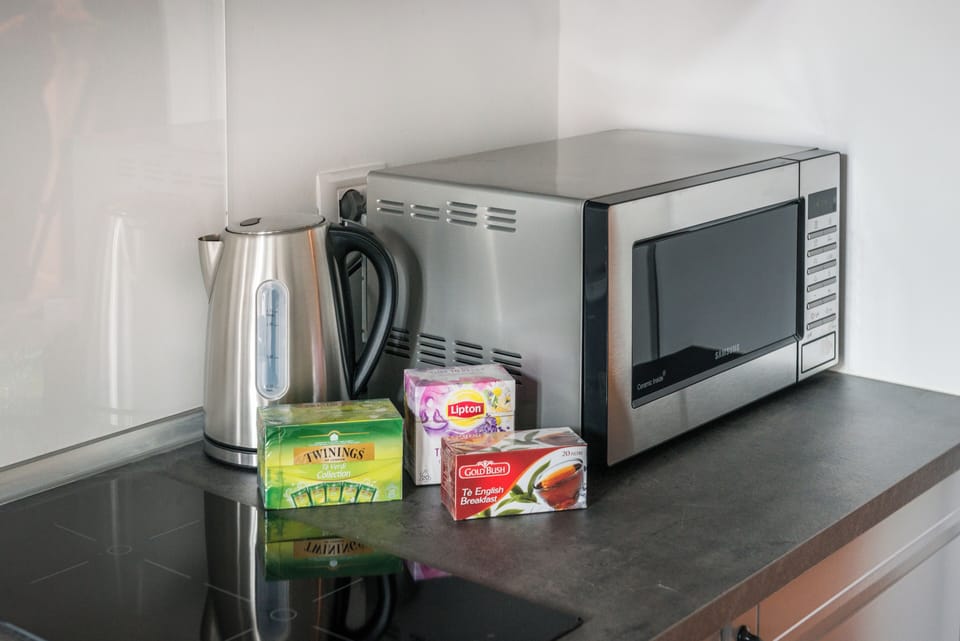 Full-size fridge, microwave, stovetop