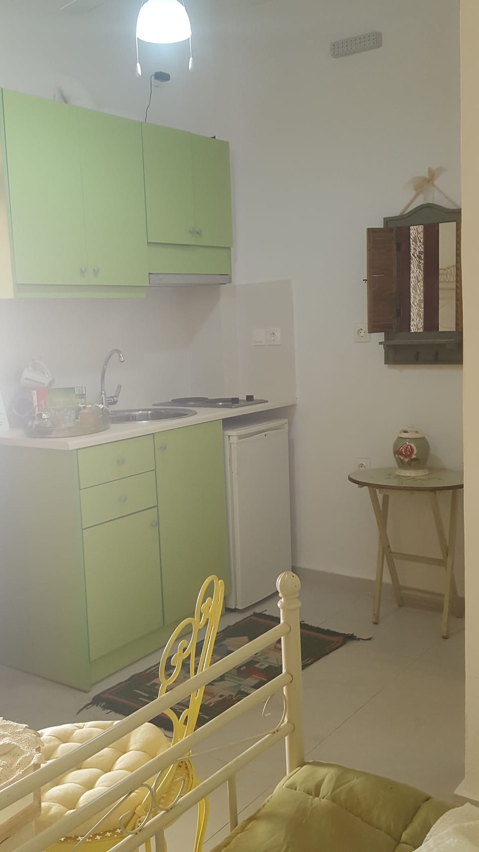 Mini-fridge, stovetop, coffee/tea maker, electric kettle