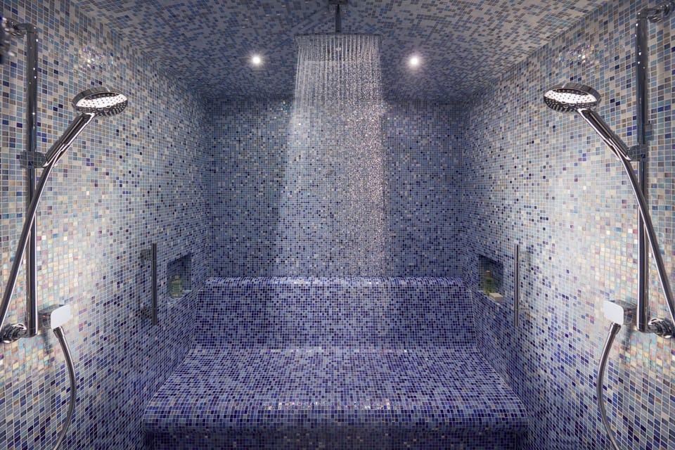 Separate tub and shower, rainfall showerhead, designer toiletries