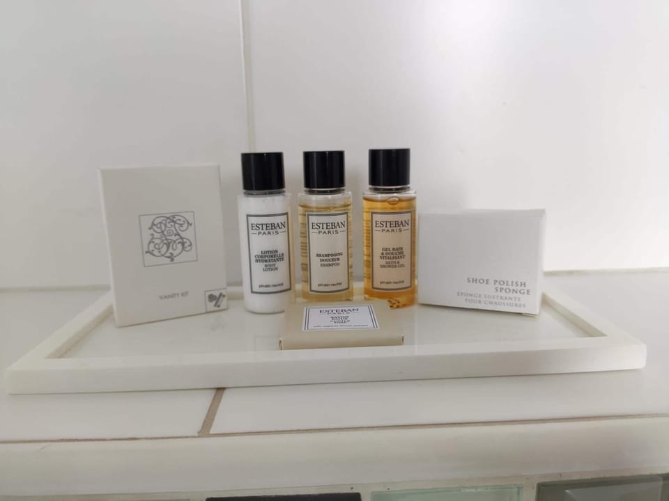Rainfall showerhead, eco-friendly toiletries, hair dryer, towels