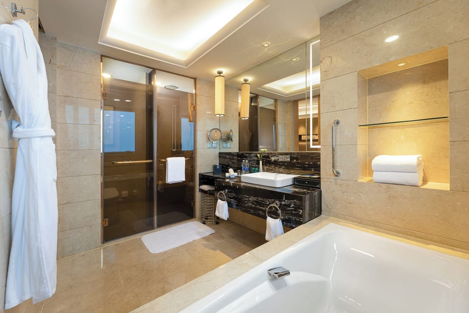 Separate tub and shower, free toiletries, hair dryer, bathrobes