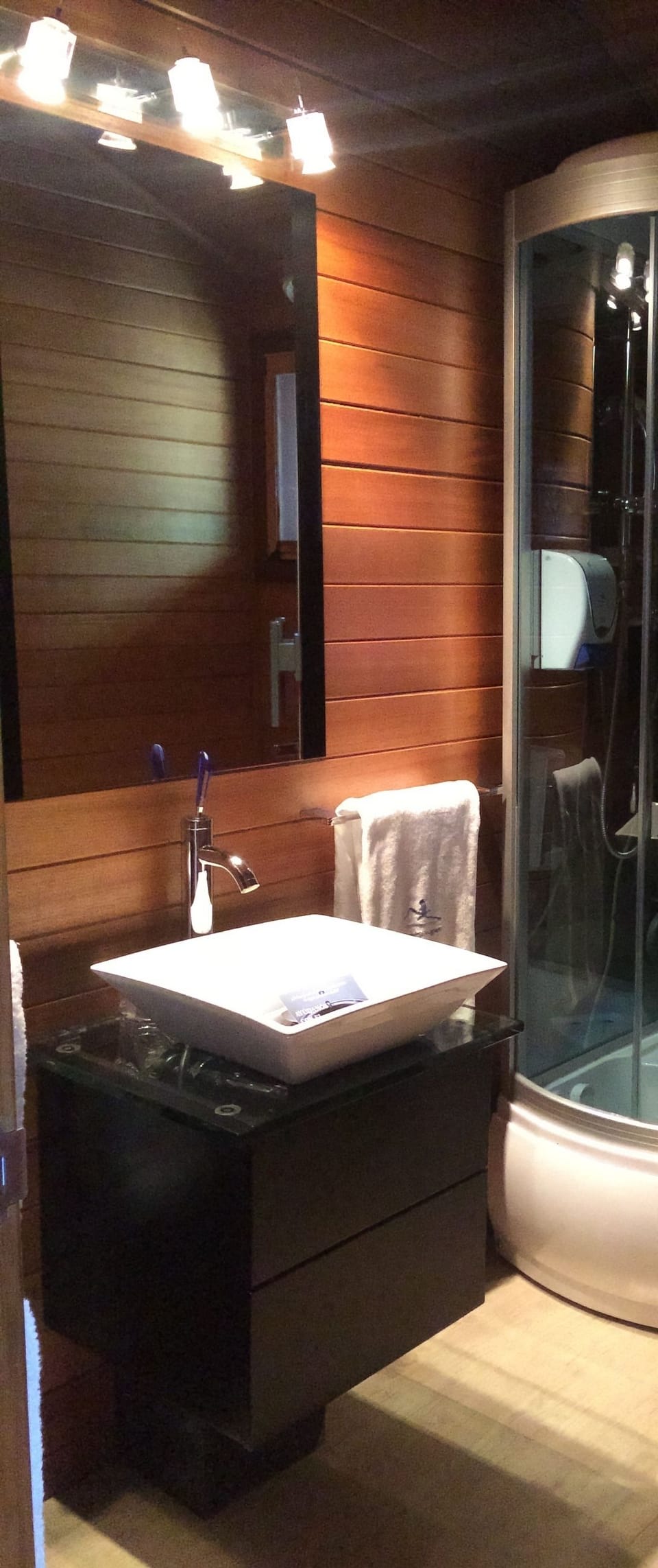 Shower, rainfall showerhead, free toiletries, hair dryer