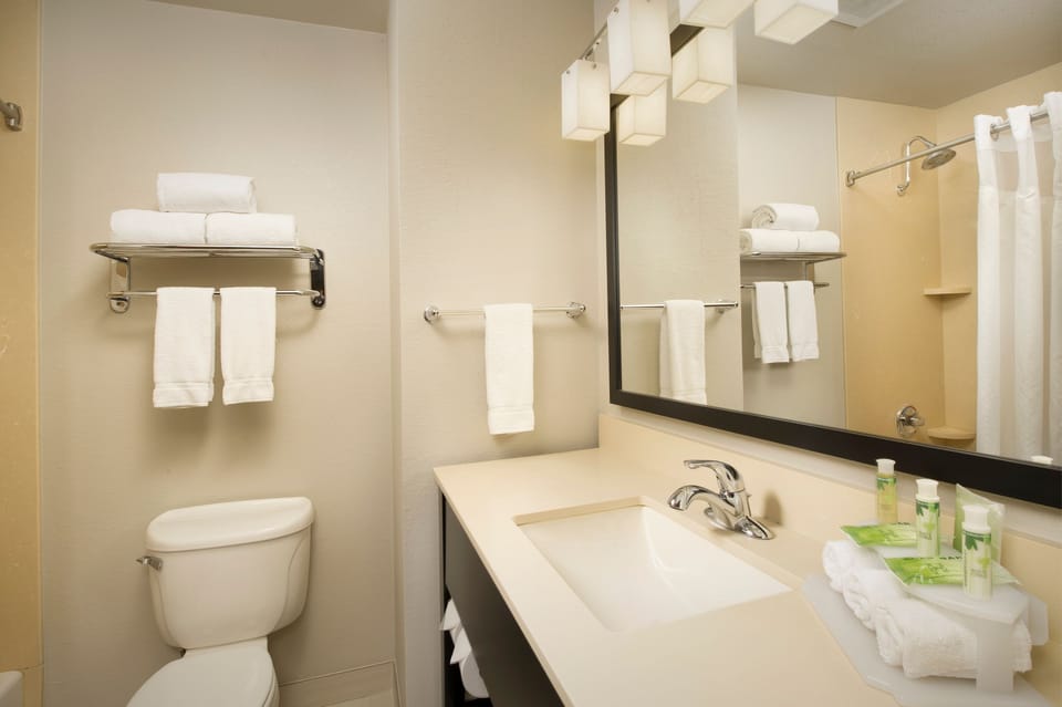 Combined shower/tub, free toiletries, hair dryer, towels