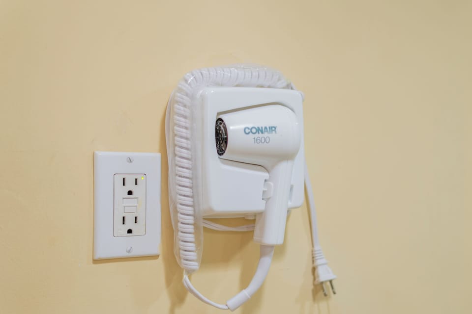 Shower, free toiletries, hair dryer, towels