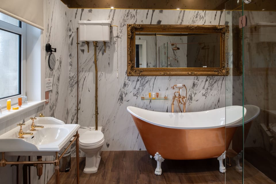 Combined shower/tub, free toiletries, hair dryer, towels