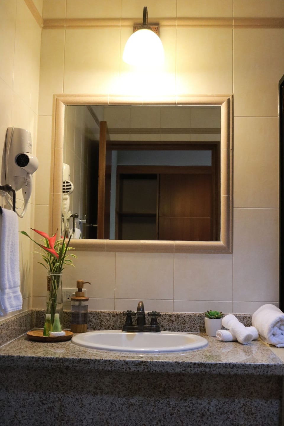 Shower, free toiletries, hair dryer, towels