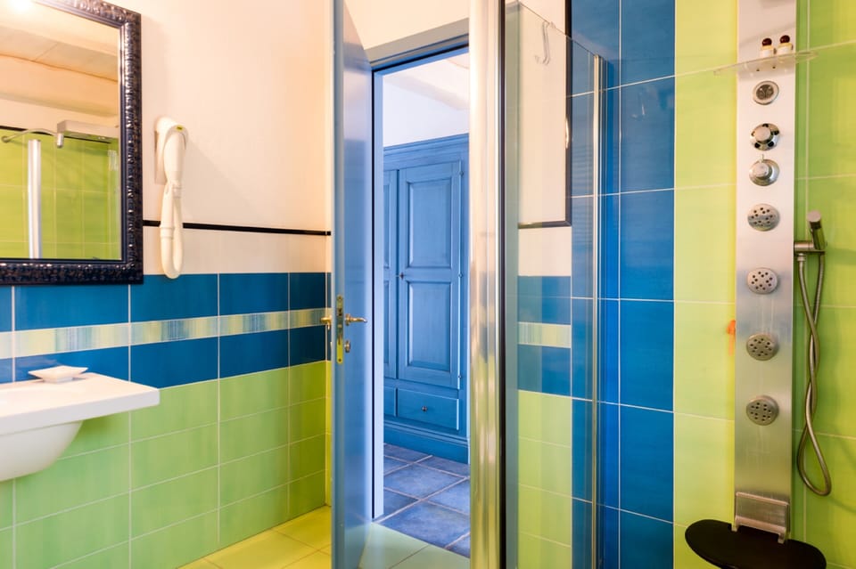 Shower, hair dryer, bidet, towels