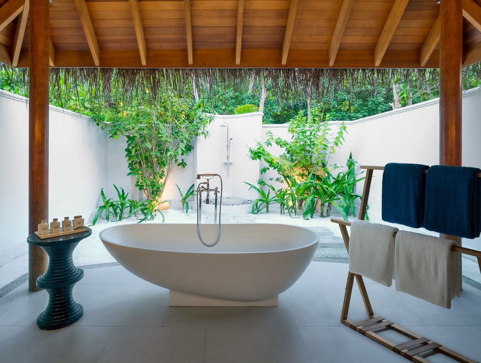 Separate tub and shower, deep soaking tub, rainfall showerhead
