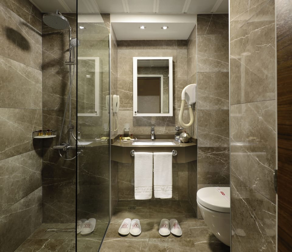Shower, free toiletries, hair dryer, slippers