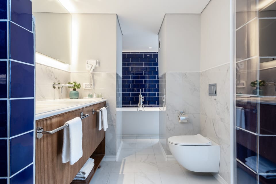 Combined shower/tub, free toiletries, hair dryer, towels