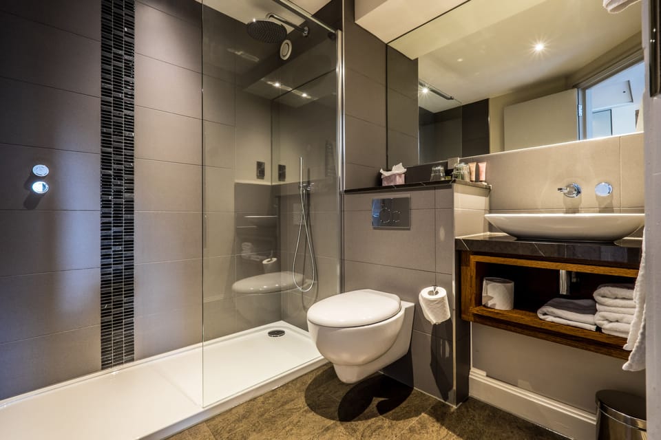 Shower, free toiletries, hair dryer, towels