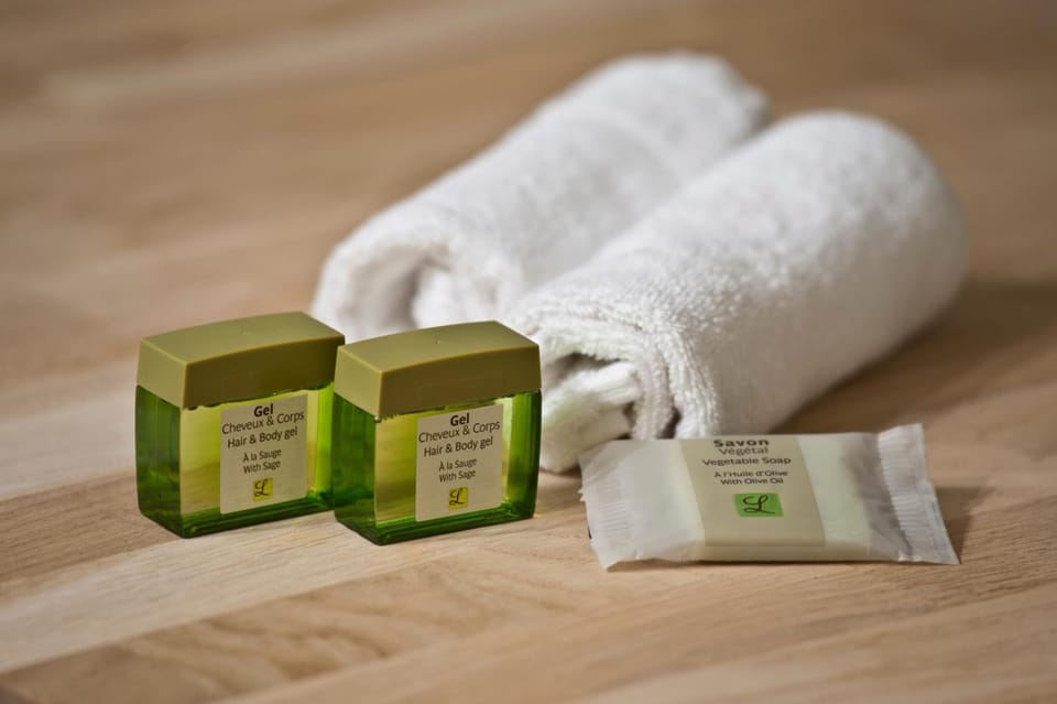 Shower, free toiletries, hair dryer, towels