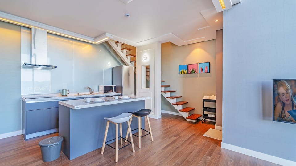 Room (B_202) | Private kitchenette | Full-size fridge, microwave, stovetop, electric kettle