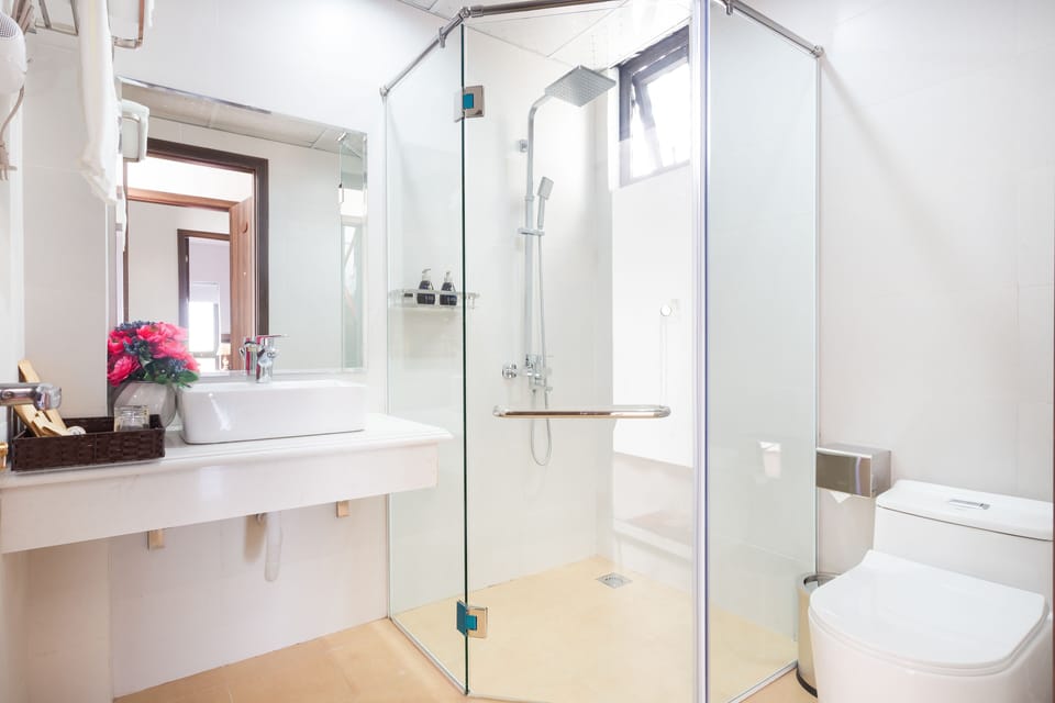 Shower, free toiletries, hair dryer, bathrobes