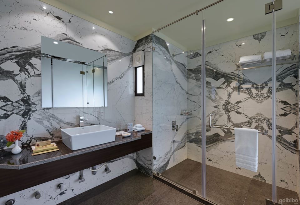 Shower, rainfall showerhead, free toiletries, bidet