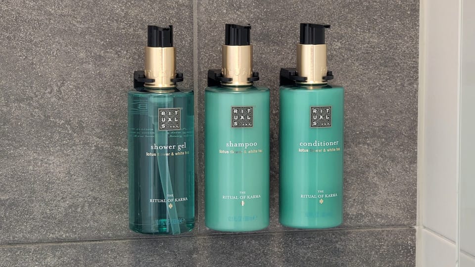 Shower, hydromassage showerhead, free toiletries, hair dryer