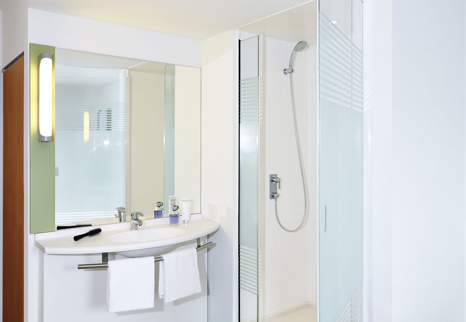 Shower, eco-friendly toiletries, hair dryer, towels